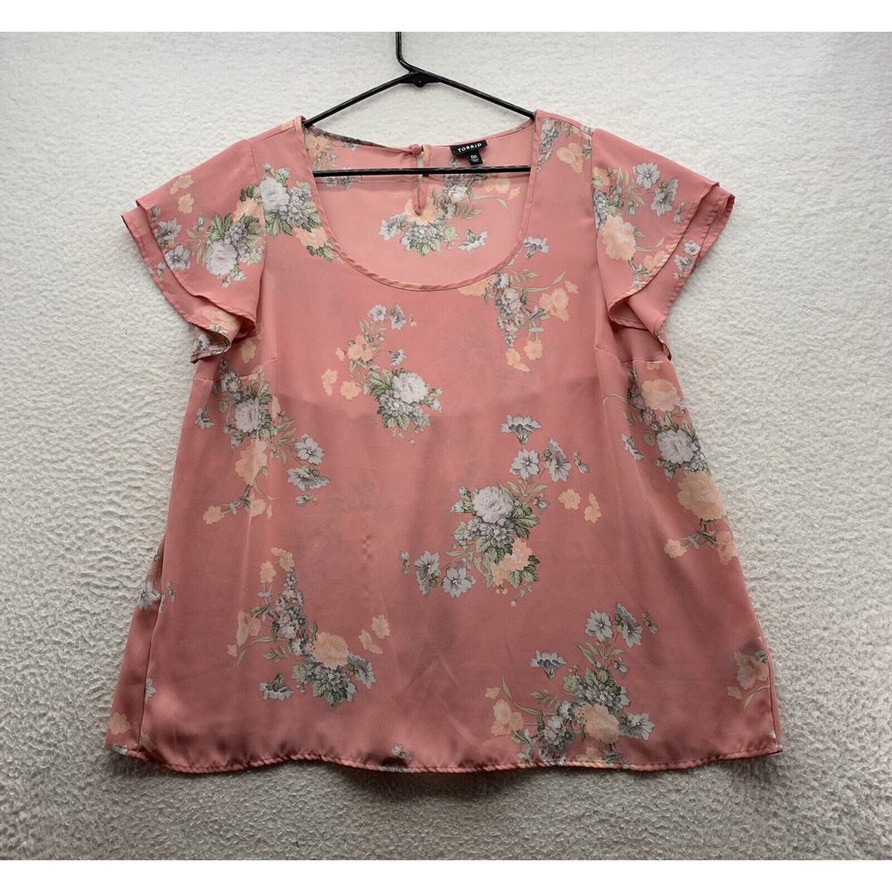 TORRID Blouse Womens 00 (M/L) Pink Floral Shirt Scoop‎ Neck Layered Cap Sleeve
